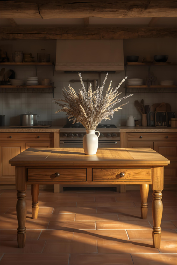 Wooden farmhouse table with sliding drawers, vase centerpiece, cozy rustic kitchen
