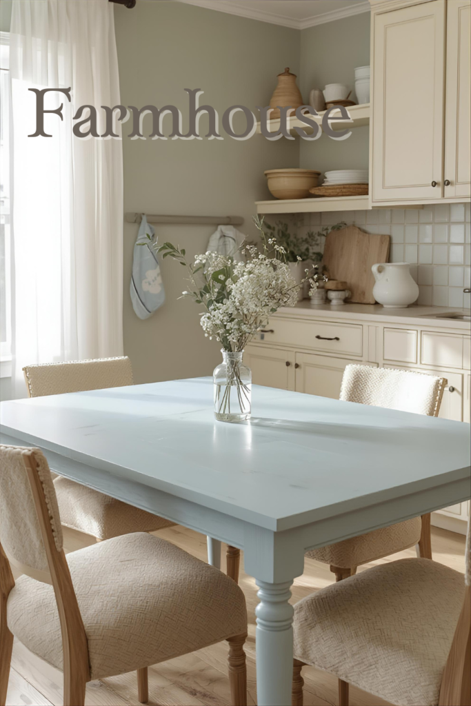  Pastel painted farmhouse table with neutral chairs and cozy ambiance
