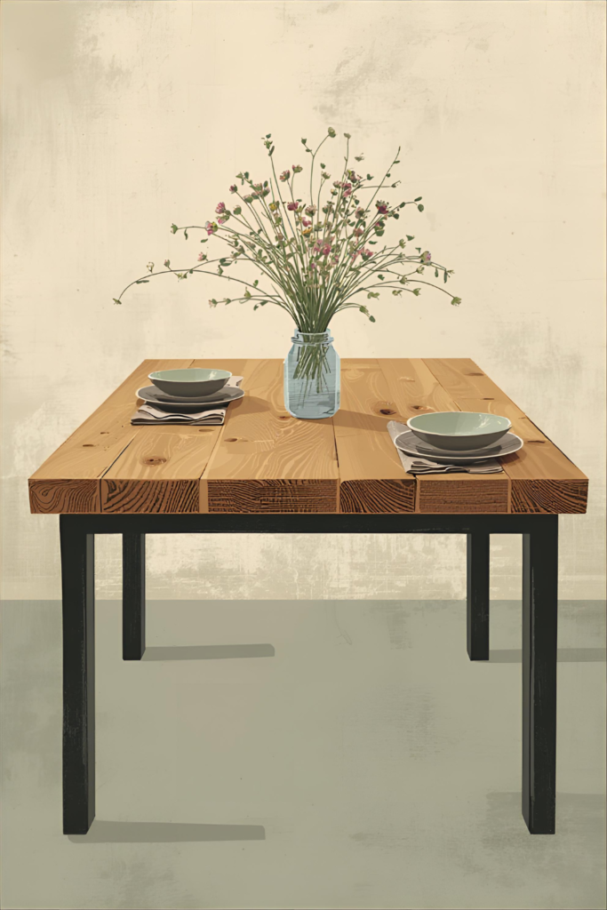 Wooden farmhouse table with iron accents, cozy table setup, rustic kitchen