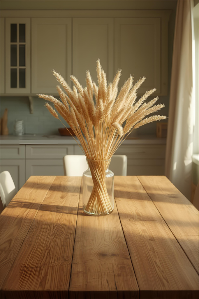  Farmhouse table with glass vase of fresh flowers in cozy kitchen