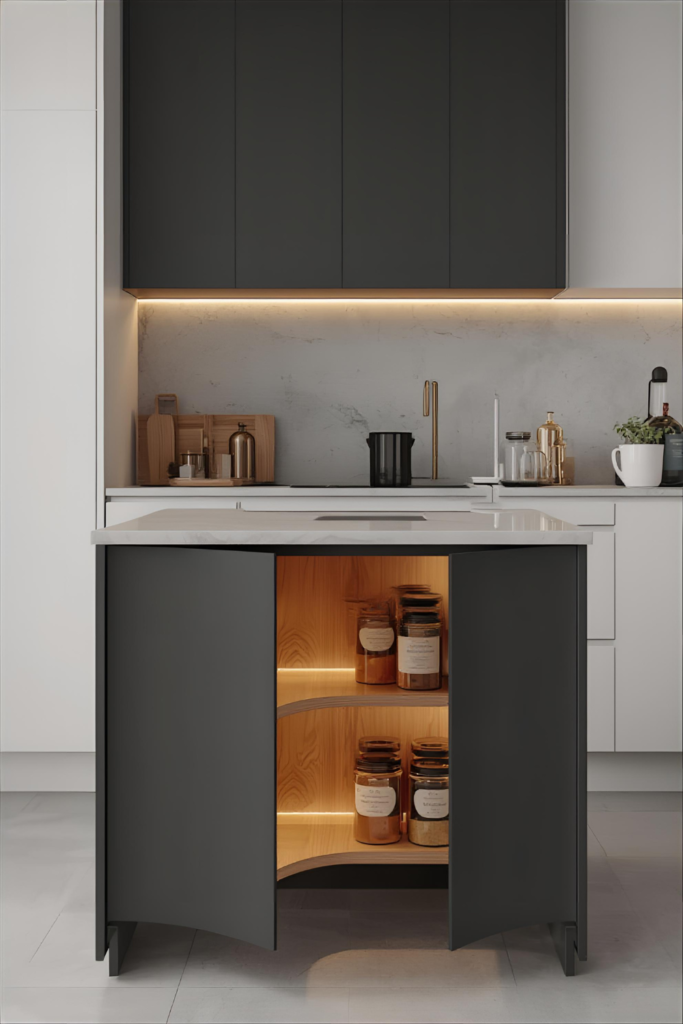 Small kitchen island with deep pantry drawers, organized jars and containers, modern kitchen design
