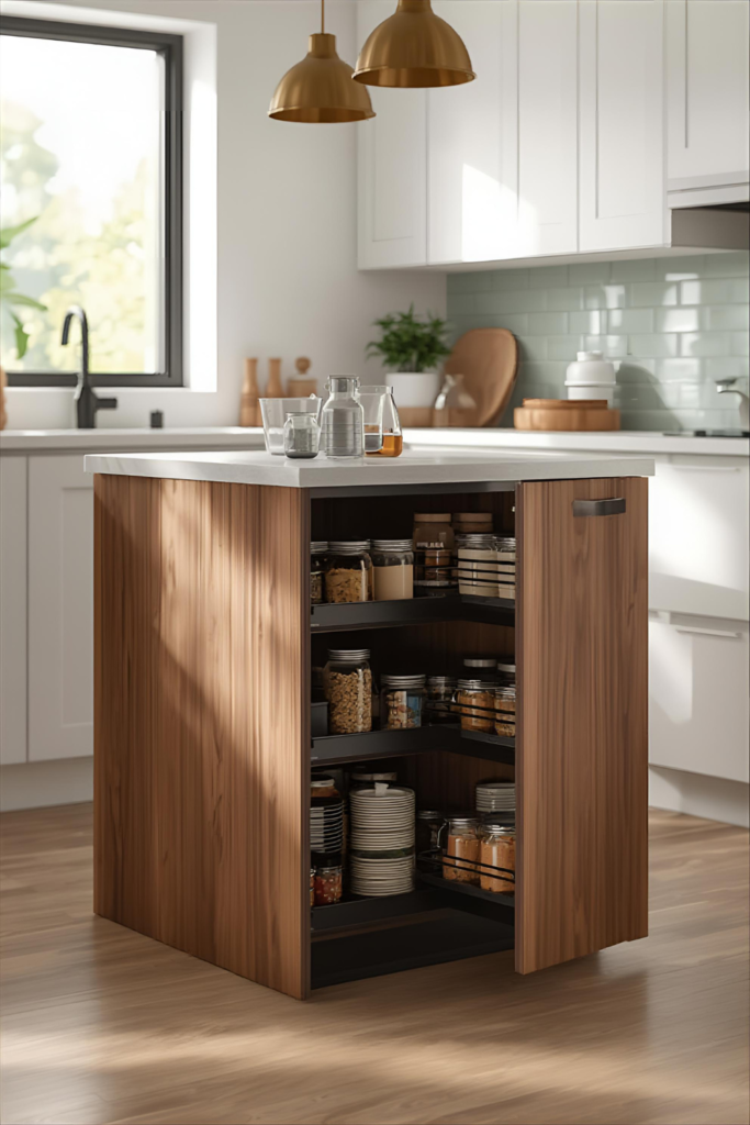 Small kitchen island with slim pull-out pantry column, organized food storage, modern interior

