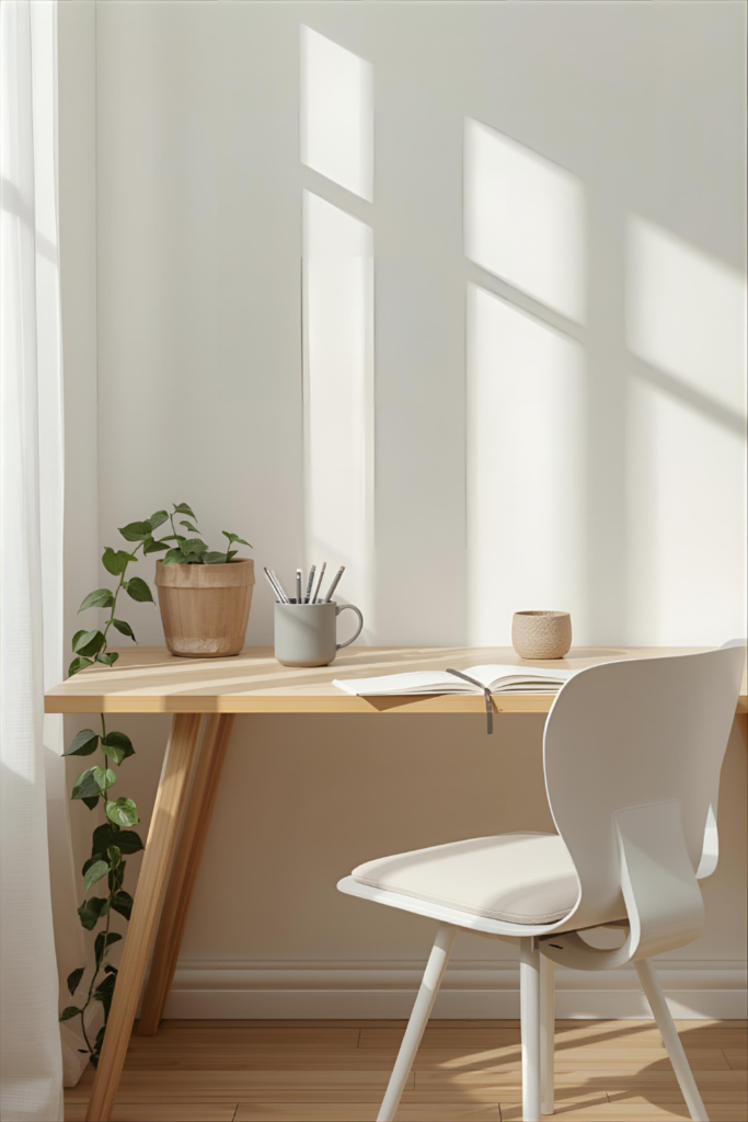 scandinavian home office desk with light wood desk, cozy chair cushion, minimalist decor, and soft natural light.