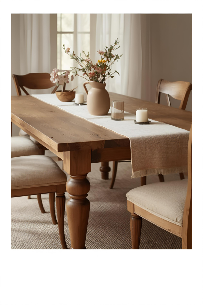 Traditional farmhouse kitchen table with turned legs and cozy setup
