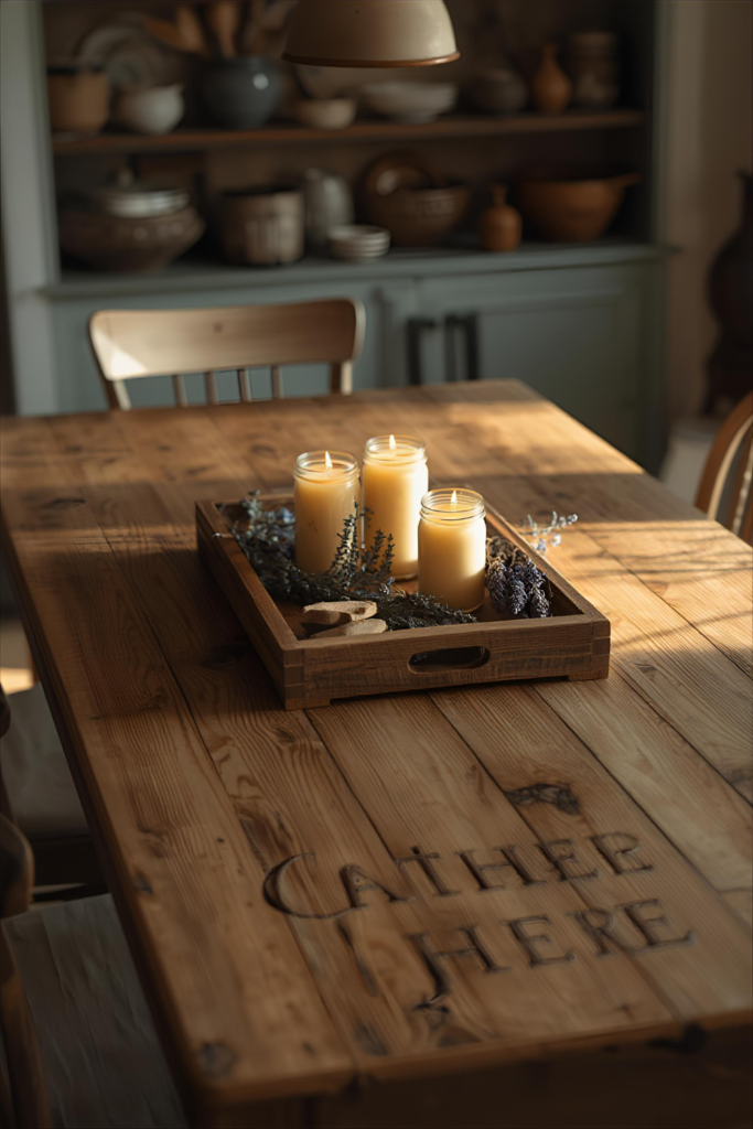 Farmhouse table with rustic centerpiece, wooden tray with candles, cozy kitchen