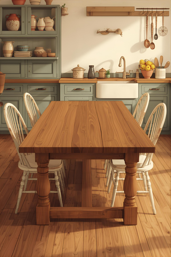  Farmhouse kitchen table with open shelves for storage and display