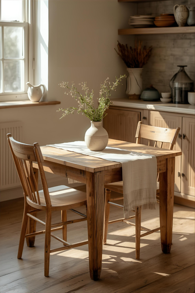 Compact farmhouse kitchen table with cozy setup