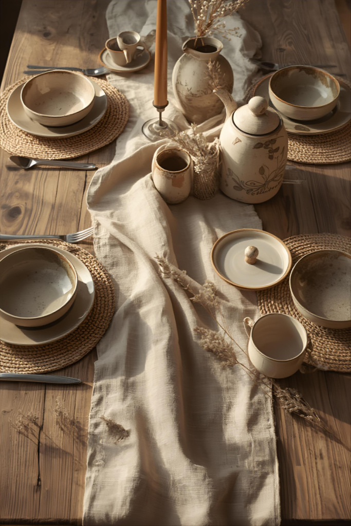 Farmhouse table with layered textures, linen runner, woven placemats, cozy kitchen
