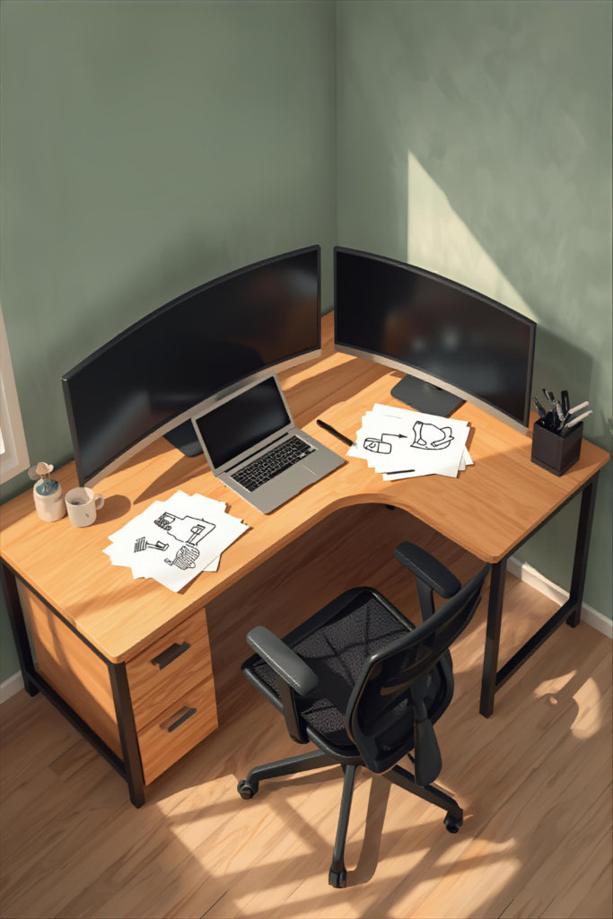 L-shaped desk home office setup with laptop, papers, dual monitors, rolling chair, and organized workspace.