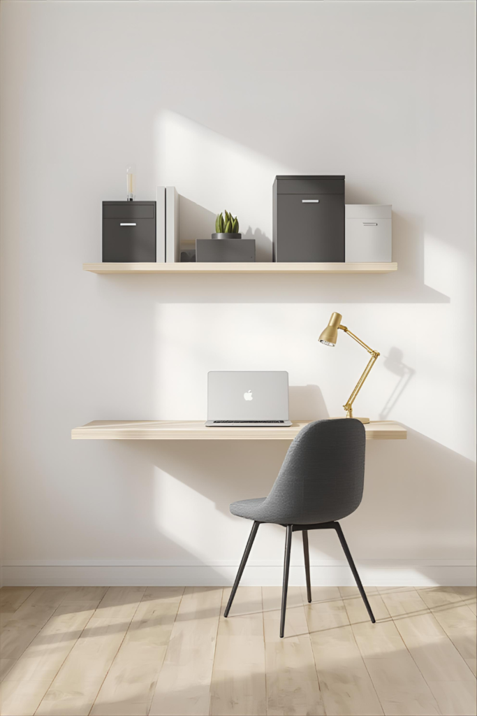 Minimalist home office with floating desk, wall-mounted shelves, small chair, laptop, and neat accessories.