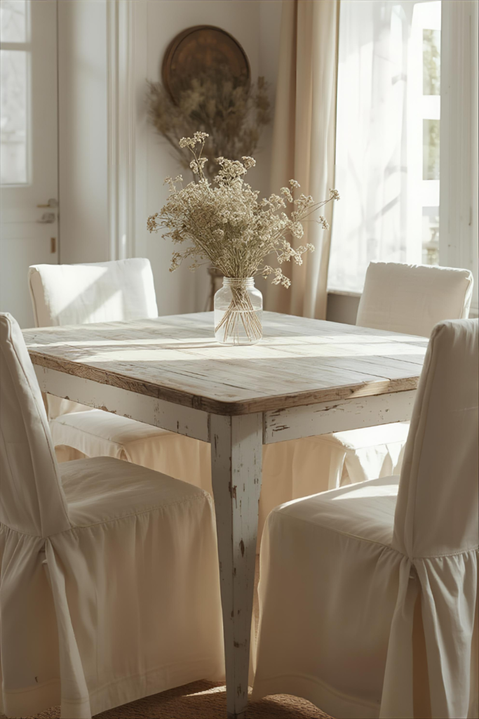 Whitewashed farmhouse table with slipcovered chairs and floral centerpiece in cozy kitchen