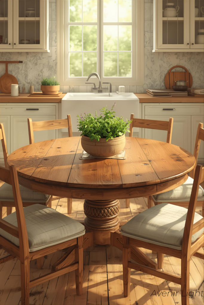 Round farmhouse kitchen table with cushioned chairs and fresh herbs centerpiece