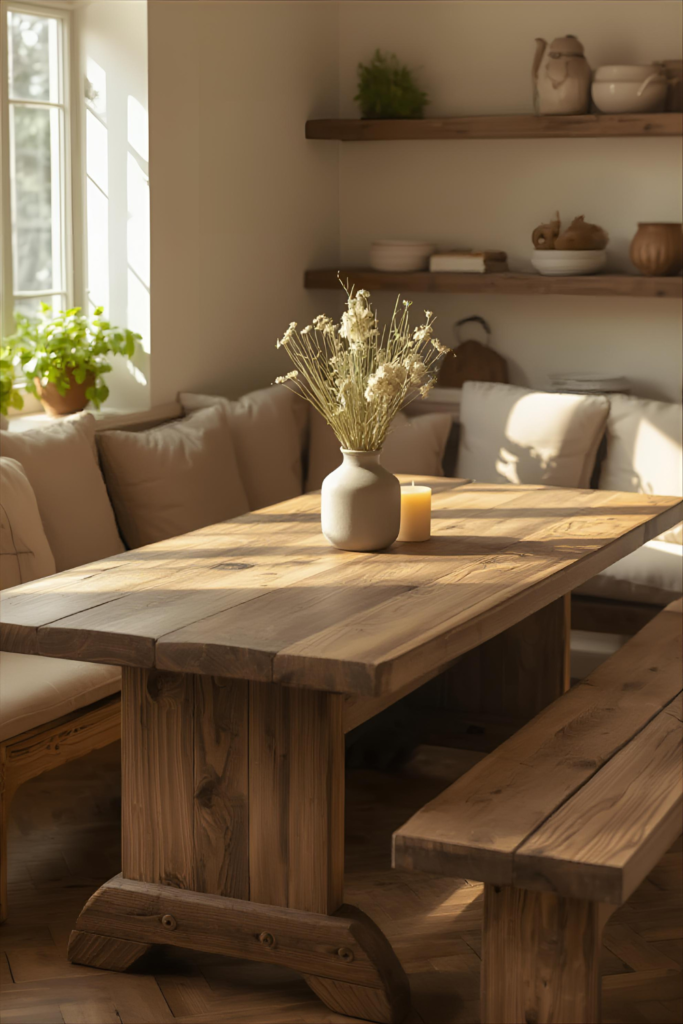 : Farmhouse kitchen table with cushioned bench and welcoming decor