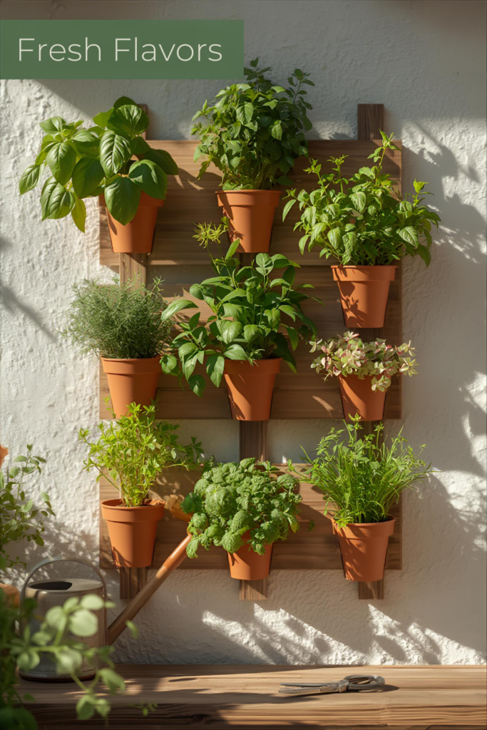Small backyard vertical herb garden, wall-mounted planters, fresh green herbs