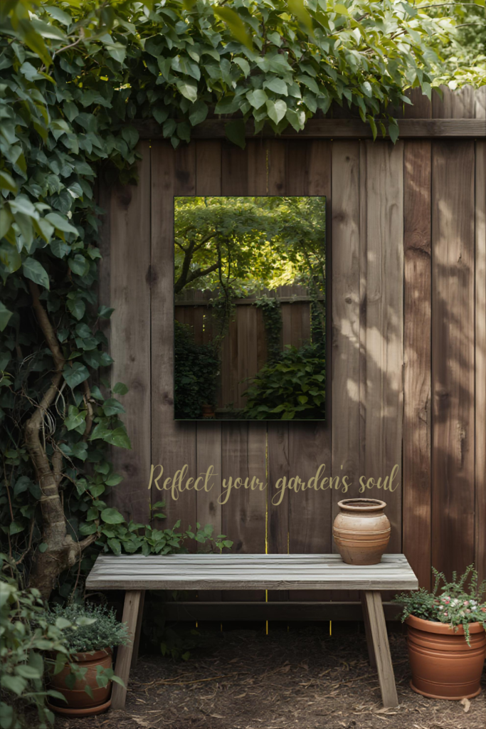 Small backyard with outdoor mirror on fence, reflected greenery, creative landscaping idea