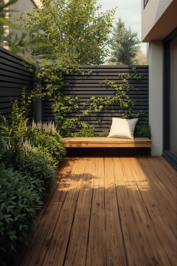 Small backyard with natural wood decking, greenery, warm minimalist design in area