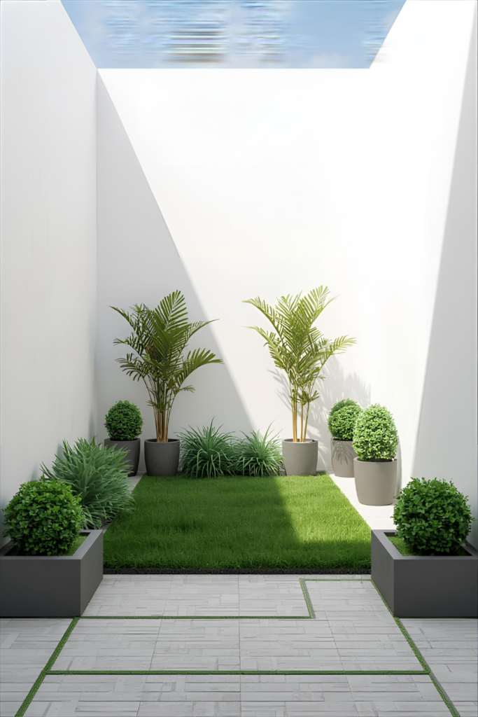 Small backyard corner garden, layered plants, compact landscaping design