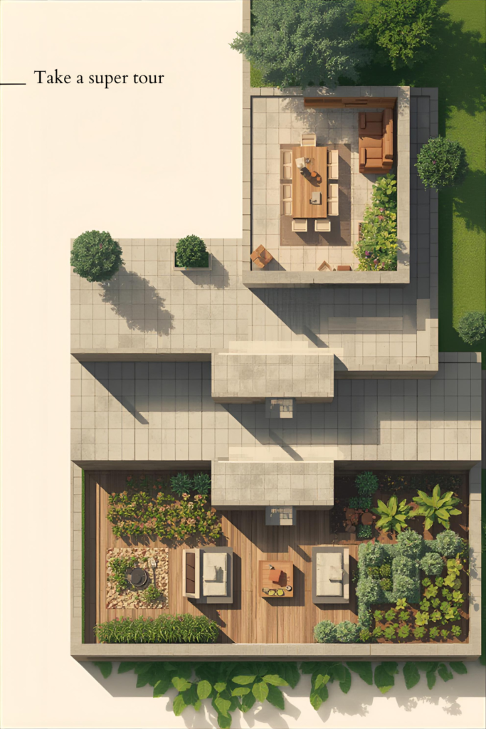 Small backyard with multi-level landscaping, terraced planters, modern outdoor design, natural materials