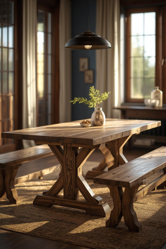 Rustic wooden farmhouse kitchen table with benches and cozy table setup