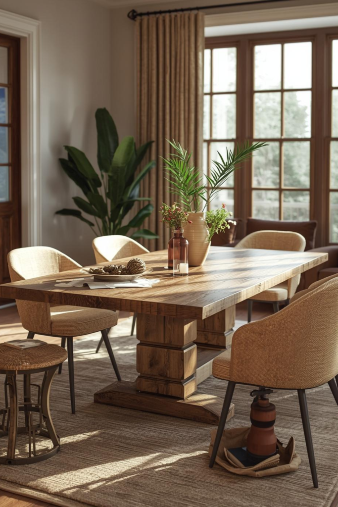 Reclaimed wood farmhouse table with eclectic seating and warm rustic decor