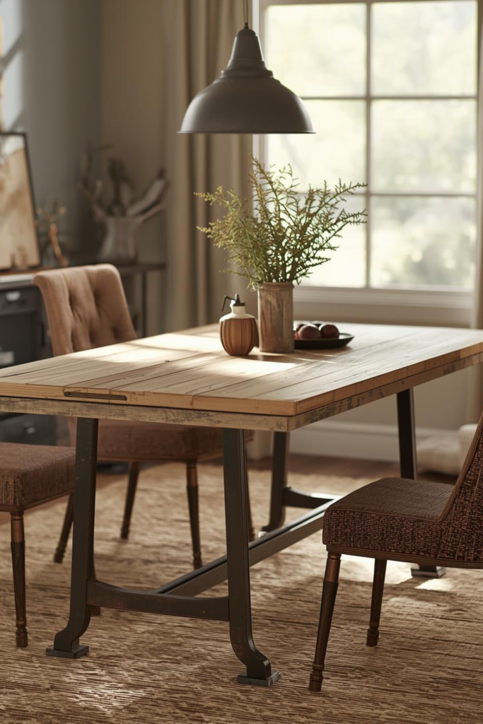 Distressed wooden farmhouse table with iron legs and rustic kitchen accents