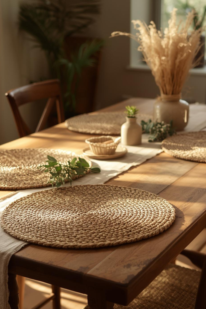 Cozy farmhouse kitchen table with woven placemats and seasonal centerpiece