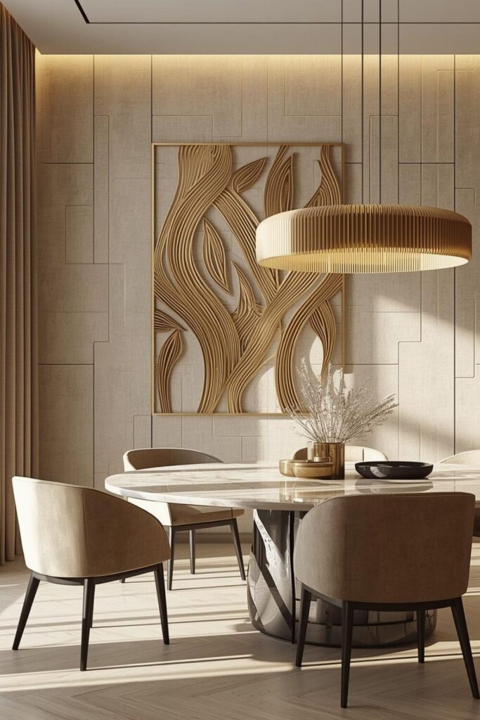 “Feature wall with framed paintings, canvas art, metal and wooden wall hangings, and family photos, styled to complement a modern living room.”