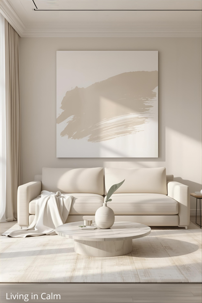 A modern living room with a large oversized abstract wall art above a neutral sofa, soft lighting, minimal decor, beige and white tones, stylish and Pinterest aesthetic, high resolution, interior photography style.