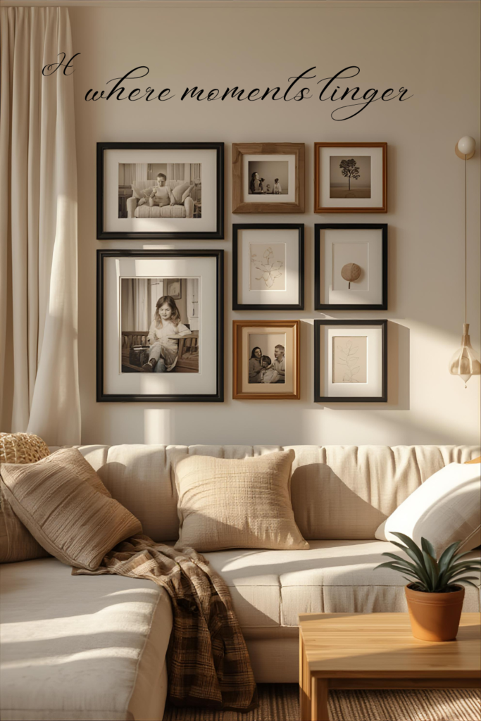 Cozy living room featuring a gallery wall with mixed black, wooden, and gold frames, family photos and art prints, neutral sofa, soft daylight, warm tones, Pinterest-style interior decor.