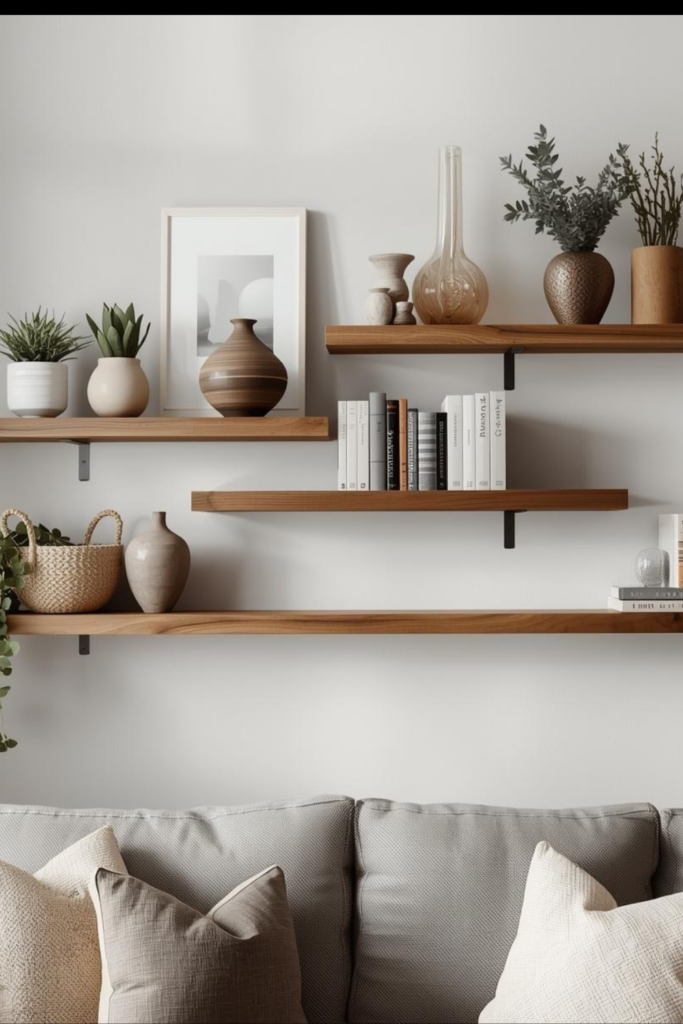 Living room wall with floating wooden shelves styled with books, small plants, ceramic vases, neutral decor, modern minimalist design, soft natural light, Pinterest home decor aesthetic.