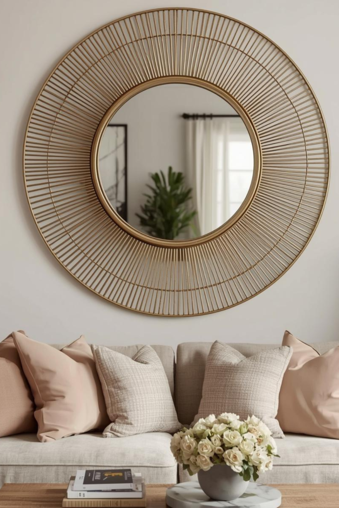 Elegant living room featuring a large round decorative wall mirror with gold frame, neutral walls, cozy sofa, soft lighting, modern chic interior, Pinterest-inspired home styling.