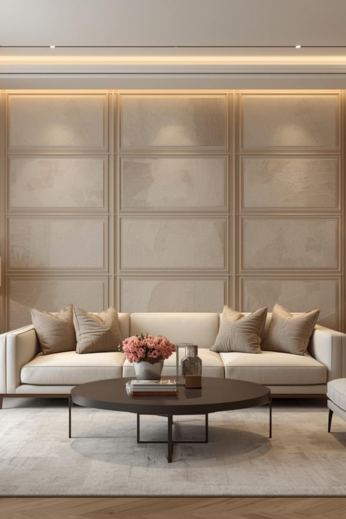 Modern living room with textured wall panels behind sofa, soft neutral colors, warm lighting, minimalist furniture, luxurious interior design, Pinterest aesthetic, high-quality render