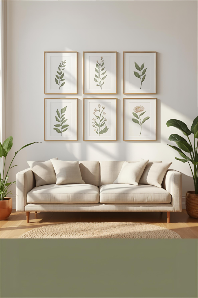 Bright living room wall decorated with framed botanical prints, green plants, neutral sofa, natural light, calm and fresh interior decor, Pinterest home inspiration.