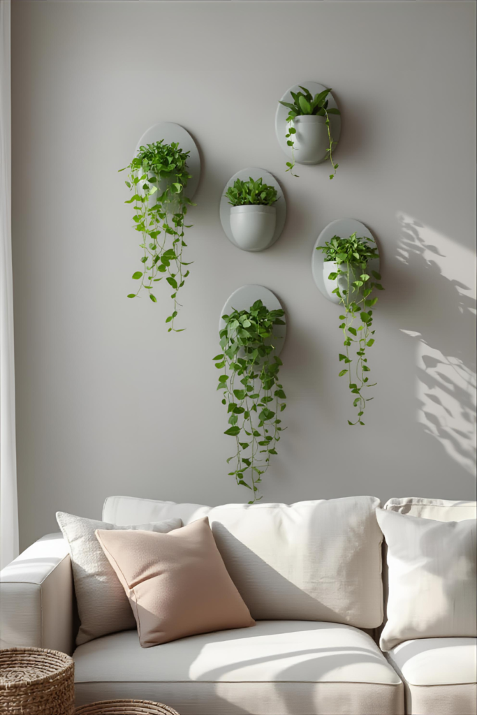 Living room wall with wall-mounted planters, lush green plants, modern neutral interior, natural light, cozy