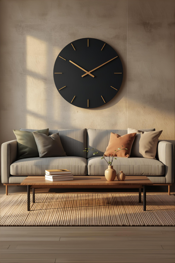 Stylish living room with a large statement wall clock, modern furniture, neutral colors, soft lighting, Pinterest interior inspiration