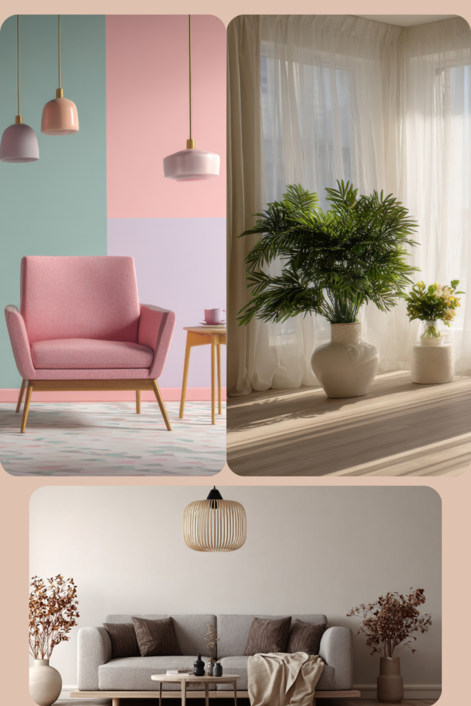 Elegant living room with symmetrical wall art arrangement, matching frames, neutral décor, soft lighting.