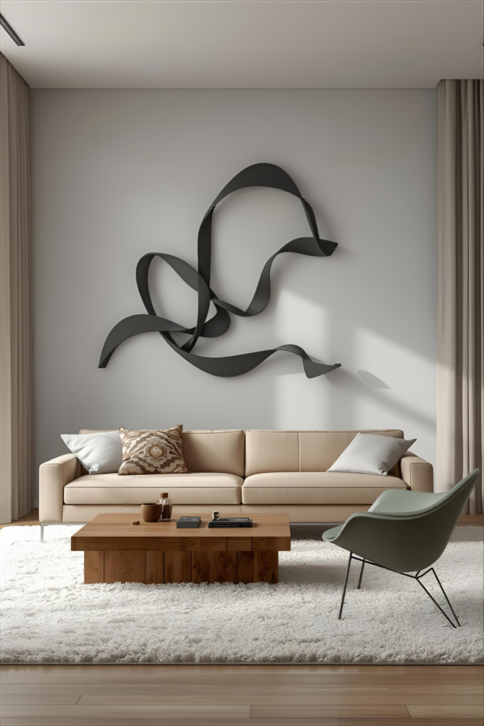 Modern living room featuring abstract sculptural wall décor, neutral background, contemporary furniture.