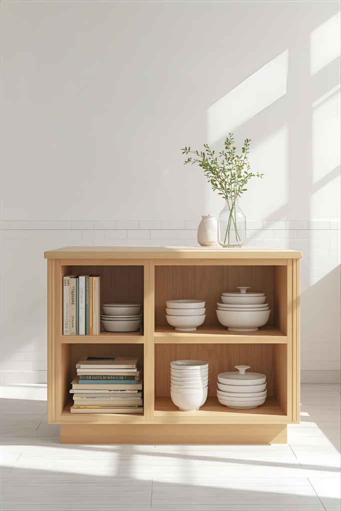 Small kitchen island with open shelving on one side, styled with cookbooks, ceramic bowls, and minimal decor in a bright, airy kitchen interior