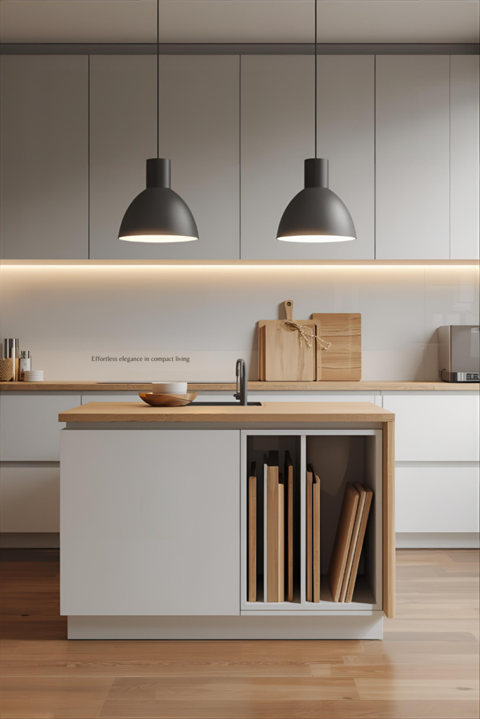 Small kitchen island with vertical storage cabinets for trays and boards, modern compact kitchen, realistic interior style
