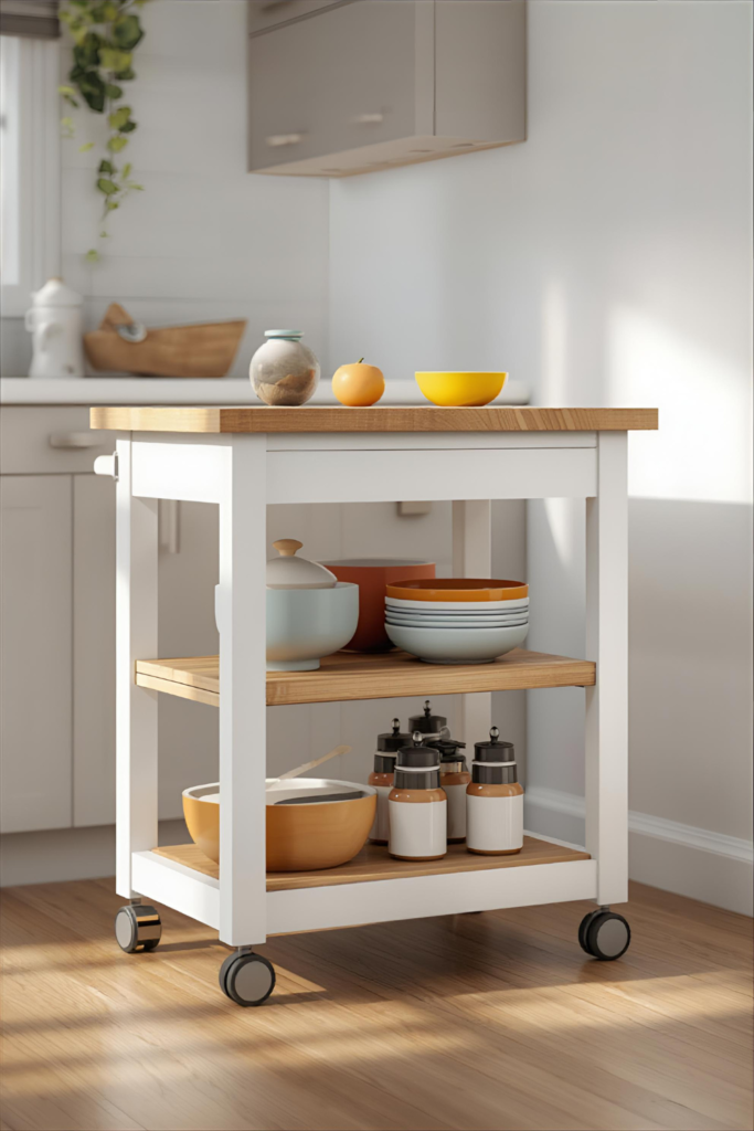Compact rolling kitchen island with storage shelves, small apartment kitchen, bright and functional design