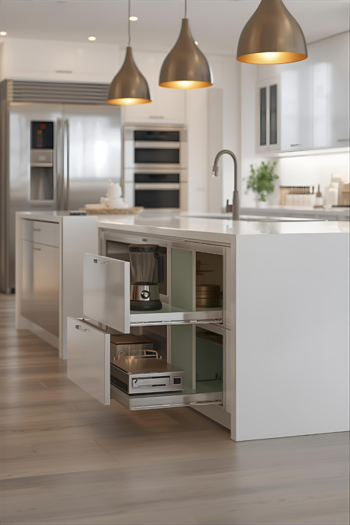 Small kitchen island with appliance garage drawers, hidden blender and toaster, modern clean kitchen
