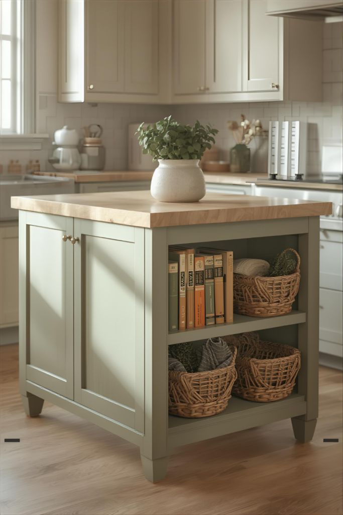 Kitchen island with end-cap open shelves, styled cookbooks and baskets, small cozy kitchen
