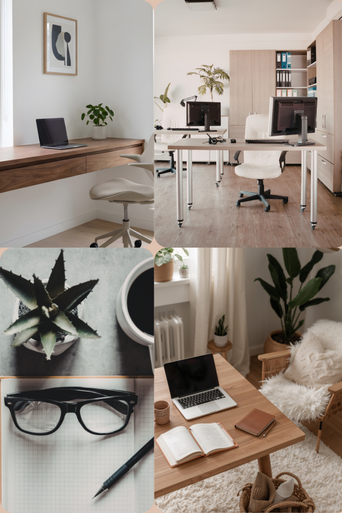 Small corner desk in a home office, wall shelves above, laptop, and office essentials, bright cozy space.