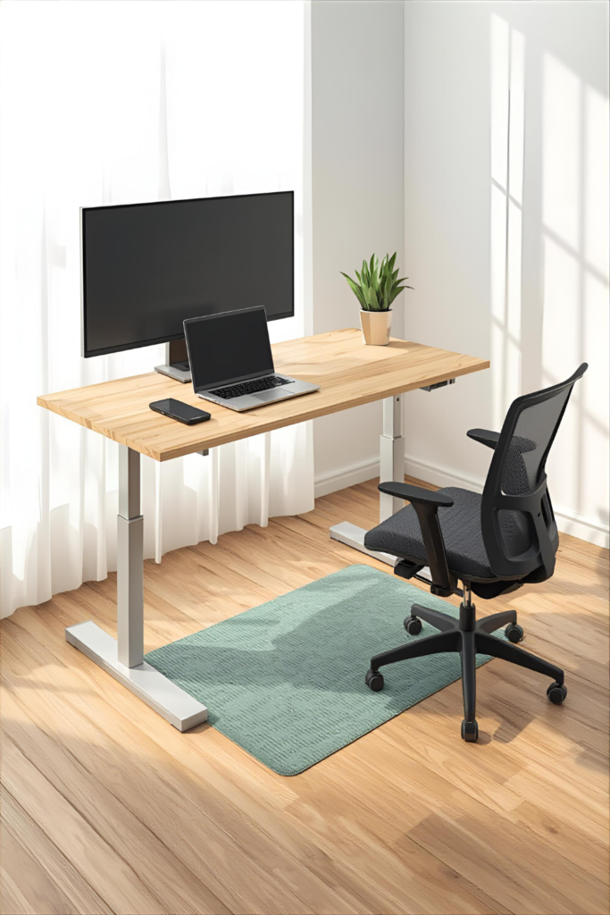 Adjustable standing desk at home, anti-fatigue mat, laptop, monitor, ergonomic office setup.