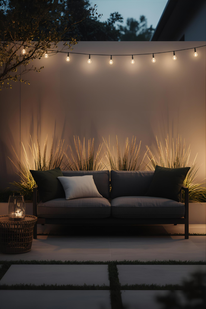 Small backyard seating corner with compact sofa, outdoor cushions, soft lighting, cozy and minimal landscape design