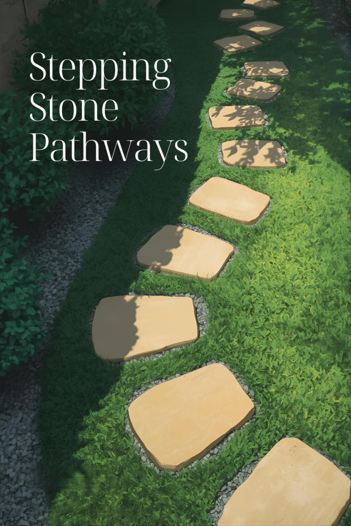 Small backyard with stepping stone pathway, grass between stones, natural and minimal landscaping, soft daylight