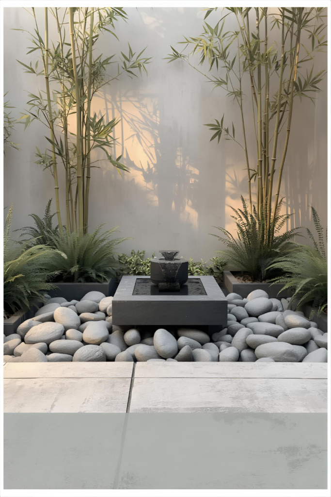 Small backyard with compact water fountain, modern stone design, peaceful outdoor setting