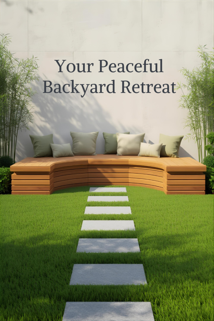 Small backyard with built-in bench seating, wooden design, outdoor cushions, clean landscape layout