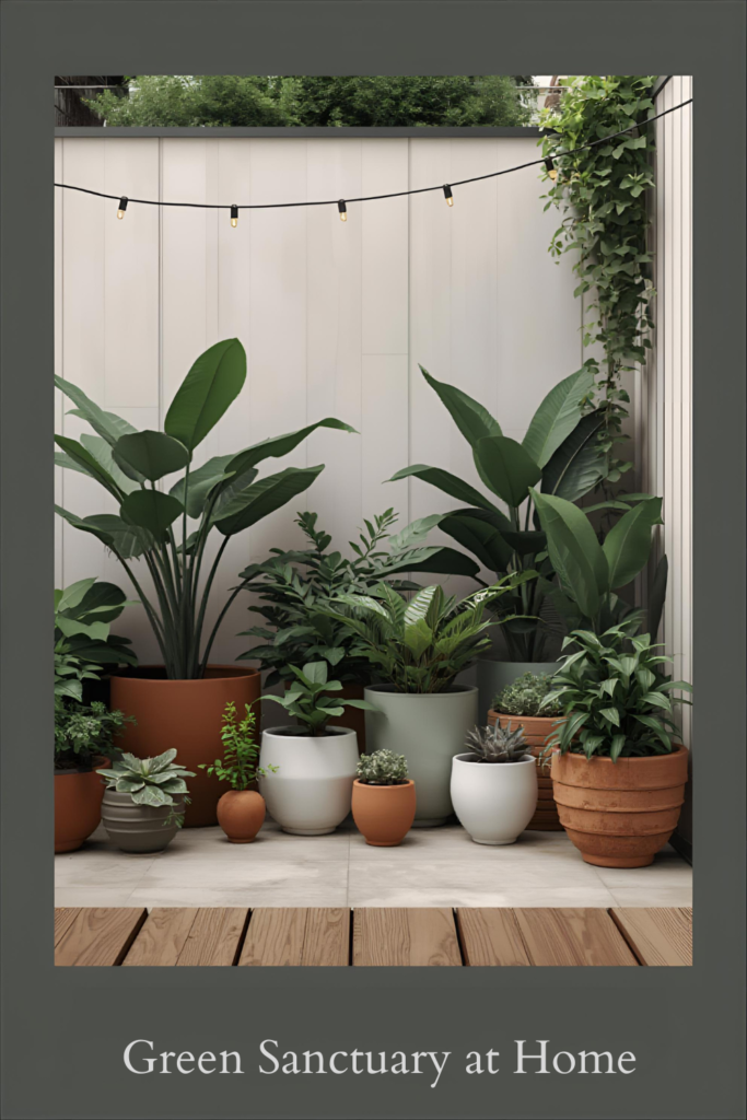  Small backyard with potted plants, varied pot sizes, modern outdoor styling, Pinterest aesthetic
