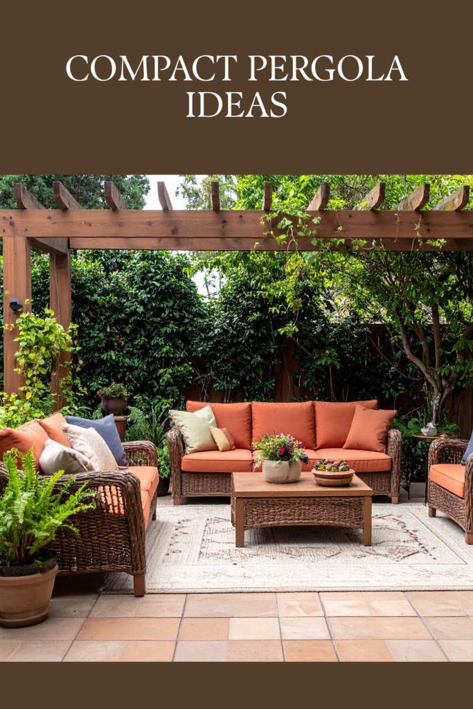 Small backyard pergola, wooden structure, climbing plants, cozy outdoor ambiance